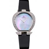 Replica Omega Ladies Watch Pearl Dial Stainless Steel Case With Diamonds Black Leather Strap  622828