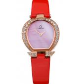 Omega Ladies Watch Pink Dial Gold Case With Diamonds Red Leather Strap  622831 Replica