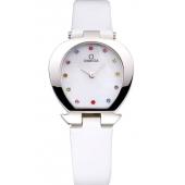 Cheap Omega Ladies Watch White Dial With Jewels Stainless Steel Case White Leather Strap  622817