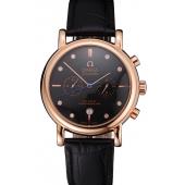 Omega Seamaster Vintage Chronograph Black Dial Diamond Hour Marks Rose Gold Case Black Leather Strap