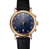 Omega Seamaster Vintage Chronograph Blue Dial Diamond Hour Marks Gold Case Black Leather Strap