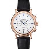 Replica Omega Seamaster Vintage Chronograph White Dial Blue Hour Marks Rose Gold Case Black Leather Strap