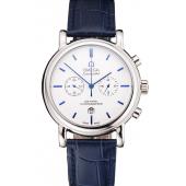 Replica Omega Seamaster Vintage Chronograph White Dial Blue Hour Marks Stainless Steel Case Blue Leather Strap