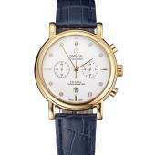 Omega Seamaster Vintage Chronograph White Dial Diamond Hour Marks Gold Case Blue Leather Strap