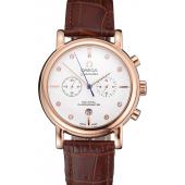 Omega Seamaster Vintage Chronograph White Dial Diamond Hour Marks Rose Gold Case Brown Leather Strap