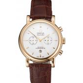 Omega Seamaster Vintage Chronograph White Dial Gold Case Brown Leather Strap