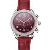 Omega Speedmaster Burgundy Dial Stainless Steel Case Diamond Bezel Burgundy Leather Strap