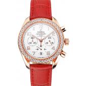 Omega Speedmaster White Dial Rose Gold Case Diamond Bezel Red Leather Strap Replica