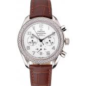 Cheap Omega Speedmaster White Dial Stainless Steel Case Diamond Bezel Brown Leather Strap