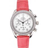 Omega Speedmaster White Dial Stainless Steel Case Diamond Bezel Pink Leather Strap Replica