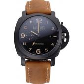 Panerai Luminor 1950 GMT Ceramica Black Dial Matte Black Case Brown Suede Leather Strap Replica