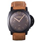 Panerai Luminor Black Ionized Stainless Steel Case Black Dial Brown Suede Leather Strap