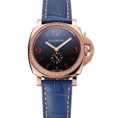 Panerai Radiomir Black Dial Diamond Bezel Rose Gold Case Blue Leather Strap 1453800