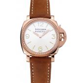 Replica Panerai Radiomir White Dial Diamond Bezel Rose Gold Case Brown Suede Leather Strap 1453799