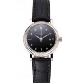 Patek Philippe Calatrava Black Dial Diamond Hour Marks Double Ribbed Bezel Stainless Steel Case Black Leather Strap