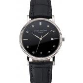 Patek Philippe Calatrava Black Dial Diamond Hour Marks Ribbed Bezel Stainless Steel Case Black Leather Strap