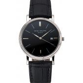 Cheap Patek Philippe Calatrava Black Dial Ribbed Bezel Stainless Steel Case Black Leather Strap