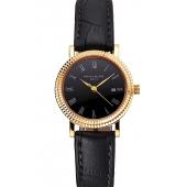 Patek Philippe Calatrava Black Dial Roman Numerals Double Ribbed Bezel Gold Case Black Leather Strap