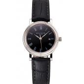 Replica Patek Philippe Calatrava Black Dial Roman Numerals Double Ribbed Bezel Stainless Steel Case Black Leather Strap