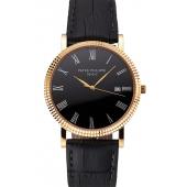 Patek Philippe Calatrava Black Dial Roman Numerals Ribbed Bezel Gold Case Black Leather Strap