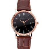 Patek Philippe Calatrava Black Dial Roman Numerals Ribbed Bezel Rose Gold Case Brown Leather Strap