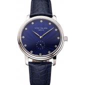 Cheap Patek Philippe Calatrava Blue Guilloche Dial Stainless Steel Case Blue Leather Strap