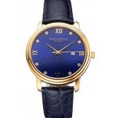 Patek Philippe Calatrava Date Blue Embossed Dial Gold Case Blue Leather Strap Replica