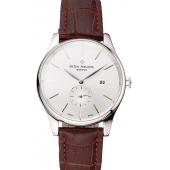 Patek Philippe Calatrava Date Silver Dial Stainless Steel Case Brown Leather Strap