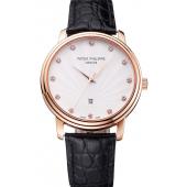 Patek Philippe Calatrava Date White Dial Rose Gold Case Black Leather Strap Replica