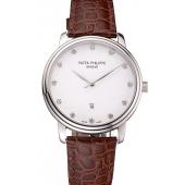 Cheap Patek Philippe Calatrava Date White Dial Stainless Steel Case Brown Leather Strap