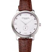 Patek Philippe Calatrava Date White Embossed Dial Stainless Steel Case Brown Leather Strap