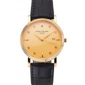 Patek Philippe Calatrava Gold Dial Diamond Hour Marks Ribbed Bezel Gold Case Black Leather Strap Replica