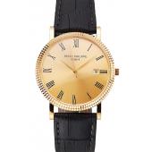 Patek Philippe Calatrava Gold Dial Roman Numerals Ribbed Bezel Gold Case Black Leather Strap