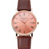 Cheap Patek Philippe Calatrava Rose Gold Dial Roman Numerals Ribbed Bezel Rose Gold Case Brown Leather Strap