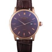 Patek Philippe Calatrava Roze Gold Ribbed Bezel Brown Leather Bracelet 801433