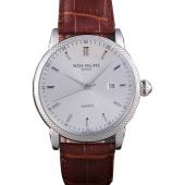 Replica Patek Philippe Calatrava Stainless Steel Ribbed Bezel Brown Leather Bracelet 801429