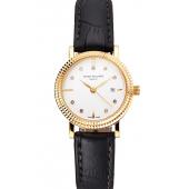 Patek Philippe Calatrava White Dial Diamond Hour Marks Double Ribbed Bezel Gold Case Black Leather Strap