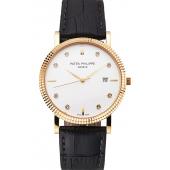 Patek Philippe Calatrava White Dial Diamond Hour Marks Ribbed Bezel Gold Case Black Leather Strap