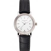 Cheap Patek Philippe Calatrava White Dial Double Ribbed Bezel Stainless Steel Case Black Leather Strap