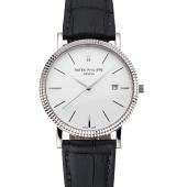 Patek Philippe Calatrava White Dial Ribbed Bezel Stainless Steel Case Black Leather Strap