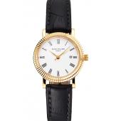 Patek Philippe Calatrava White Dial Roman Numerals Double Ribbed Bezel Gold Case Black Leather Strap