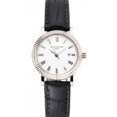 Patek Philippe Calatrava White Dial Roman Numerals Double Ribbed Bezel Stainless Steel Case Black Leather Strap