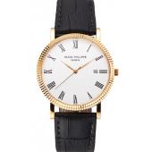 Patek Philippe Calatrava White Dial Roman Numerals Ribbed Bezel Gold Case Black Leather Strap Replica