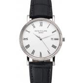 Patek Philippe Calatrava White Dial Roman Numerals Ribbed Bezel Stainless Steel Case Black Leather Strap