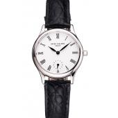 Patek Philippe Calatrava White Dial Roman Numerals Stainless Steel Case Black Leather Strap