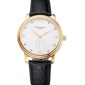 Patek Philippe Calatrava White Embossed Dial Gold Case Black Leather Strap