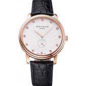 Patek Philippe Calatrava White Guilloche Dial Rose Gold Case Black Leather Strap