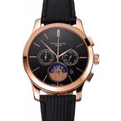 Patek Philippe Chronograph Black Dial Rose Gold Case Black Leather Strap