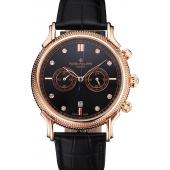 Patek Philippe Chronograph Black Dial With Diamonds Rose Gold Case Black Leather Strap