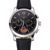 Patek Philippe Chronograph Black Guilloche Dial Stainless Steel Case Black Leather Strap